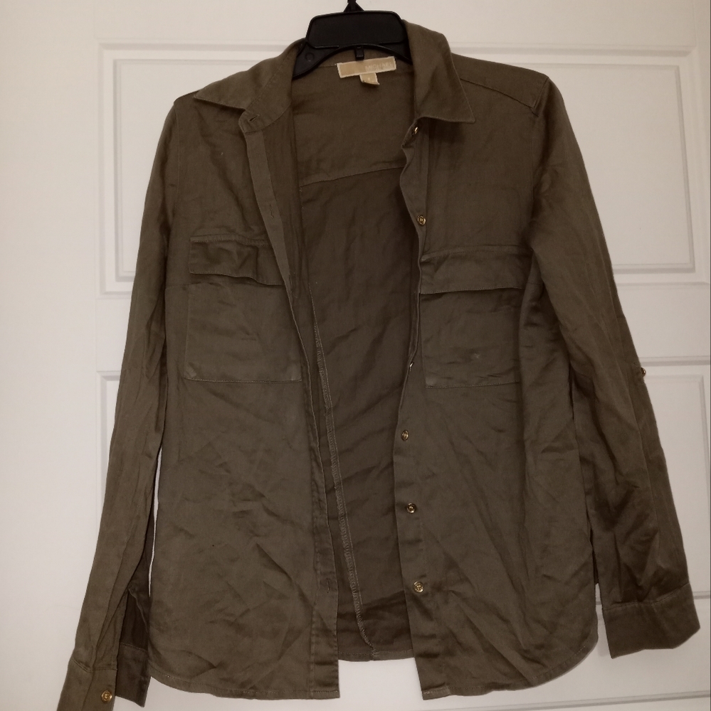 Michael Kors Olive green button-down blouse with gold buttons size 8